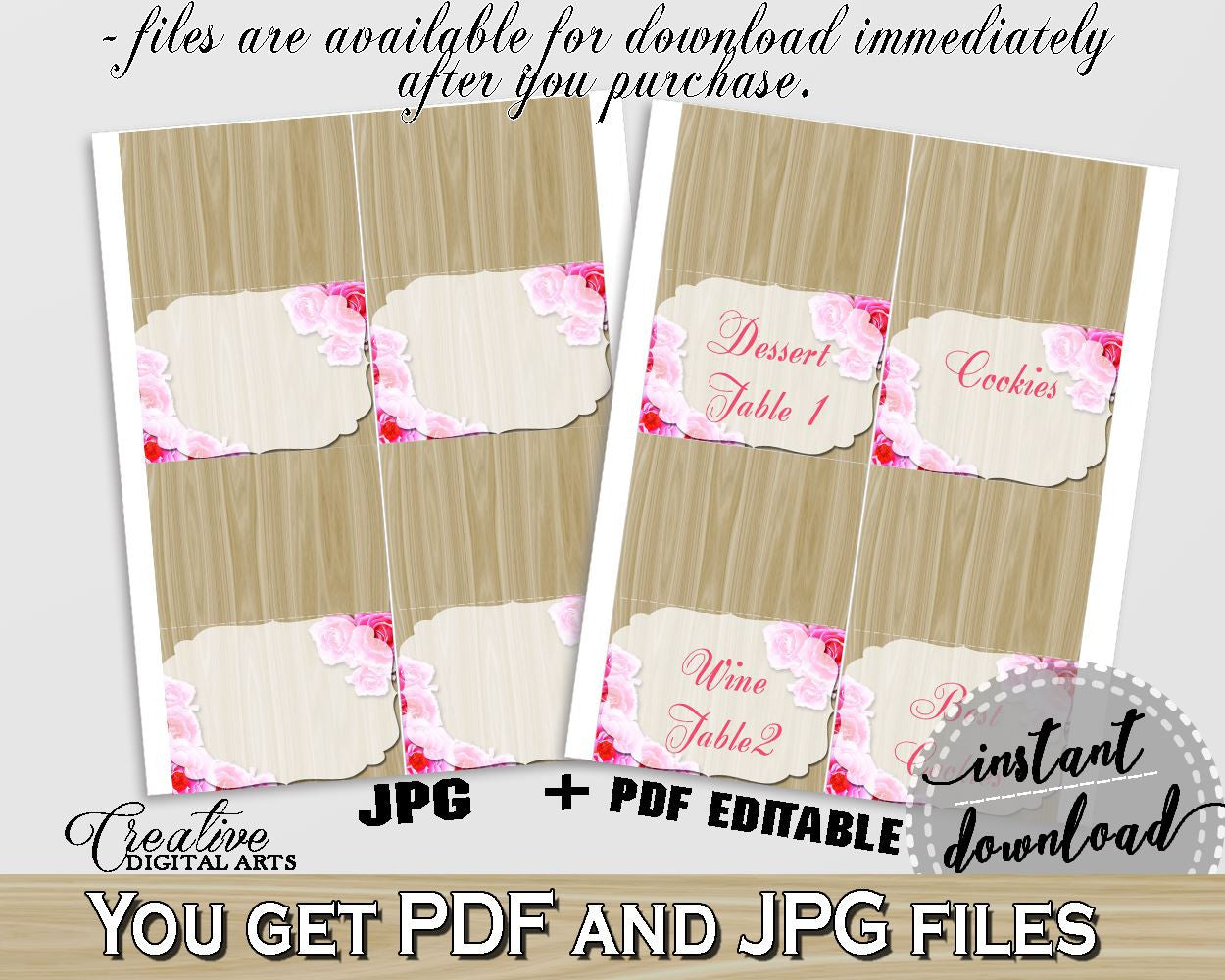 Pink And Beige Roses On Wood Bridal Shower Theme: Food Tent - editable drink signs, couple shower, party supplies, party décor - B9MAI - Digital Product