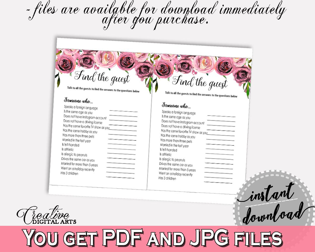 Find The Guest Bridal Shower Find The Guest Floral Bridal Shower Find The Guest Bridal Shower Floral Find The Guest Pink Purple - BQ24C - Digital Product