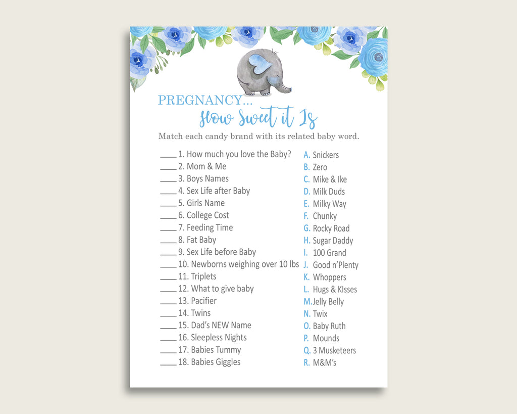 Blue Gray Pregnancy How Sweet It Is Game, Elephant Blue Baby Shower Boy, Printable Candy Bar Match Game, Instant Download, Flowers ebl01