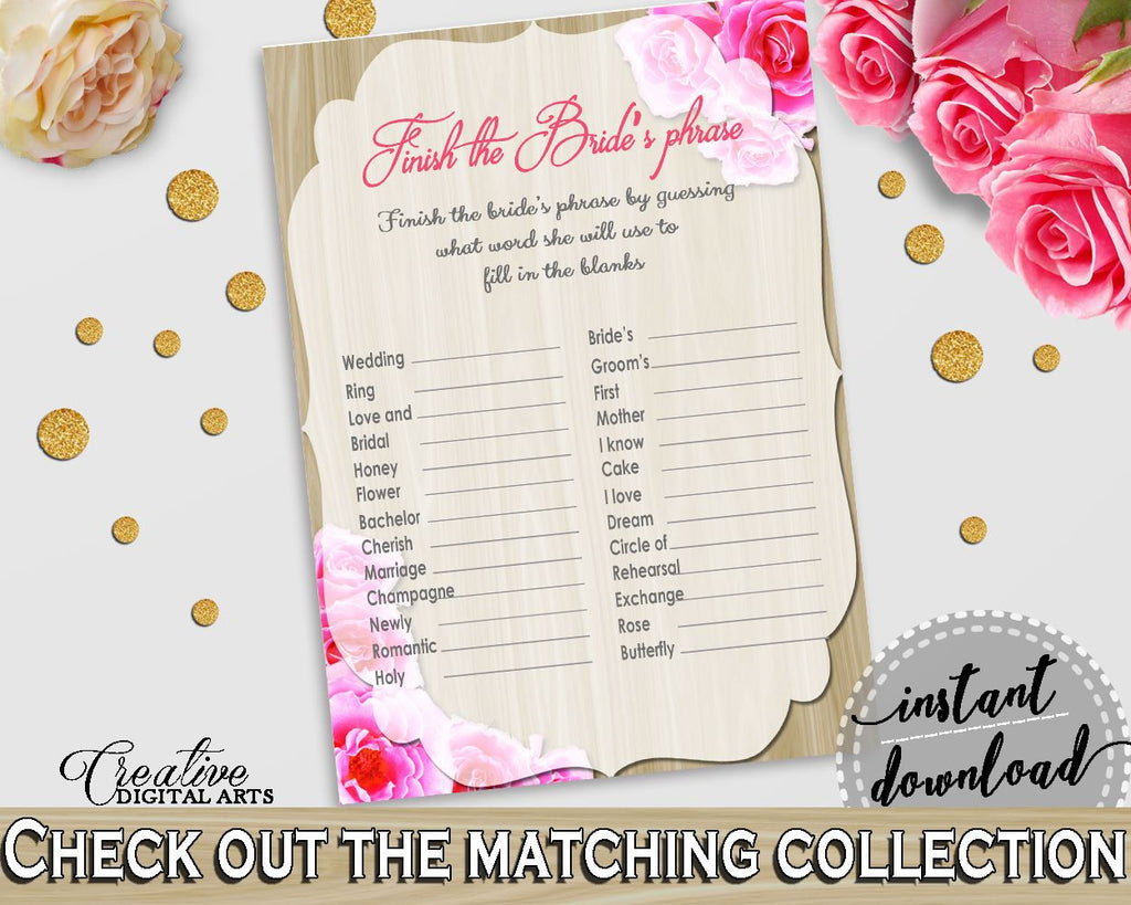 Roses On Wood Bridal Shower Finish The Bride's Phrase Game in Pink And Beige, fill bride's phrase, couple shower, party supplies - B9MAI - Digital Product