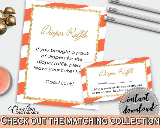 Orange Baby shower DIAPER RAFFLE inserts printable with glitter gold and orange stripes theme, digital Jpg Pdf, instant download - bs003