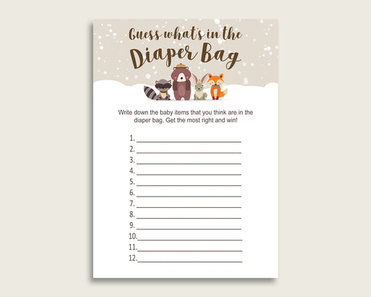 Winter Woodland Guess What's In The Diaper Bag Game, Gender Neutral Baby Shower Beige Brown Diaper Game Printable, Instant Download, RM4SN