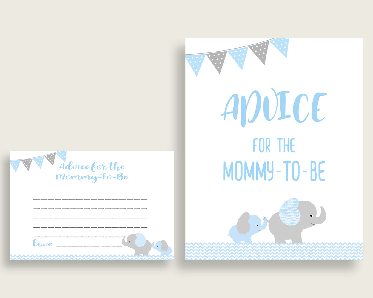 Elephant Advice For Mommy To Be Cards & Sign, Printable Baby Shower Blue Grey Advice For New Parents, Instant Download, Most Popular ebl02