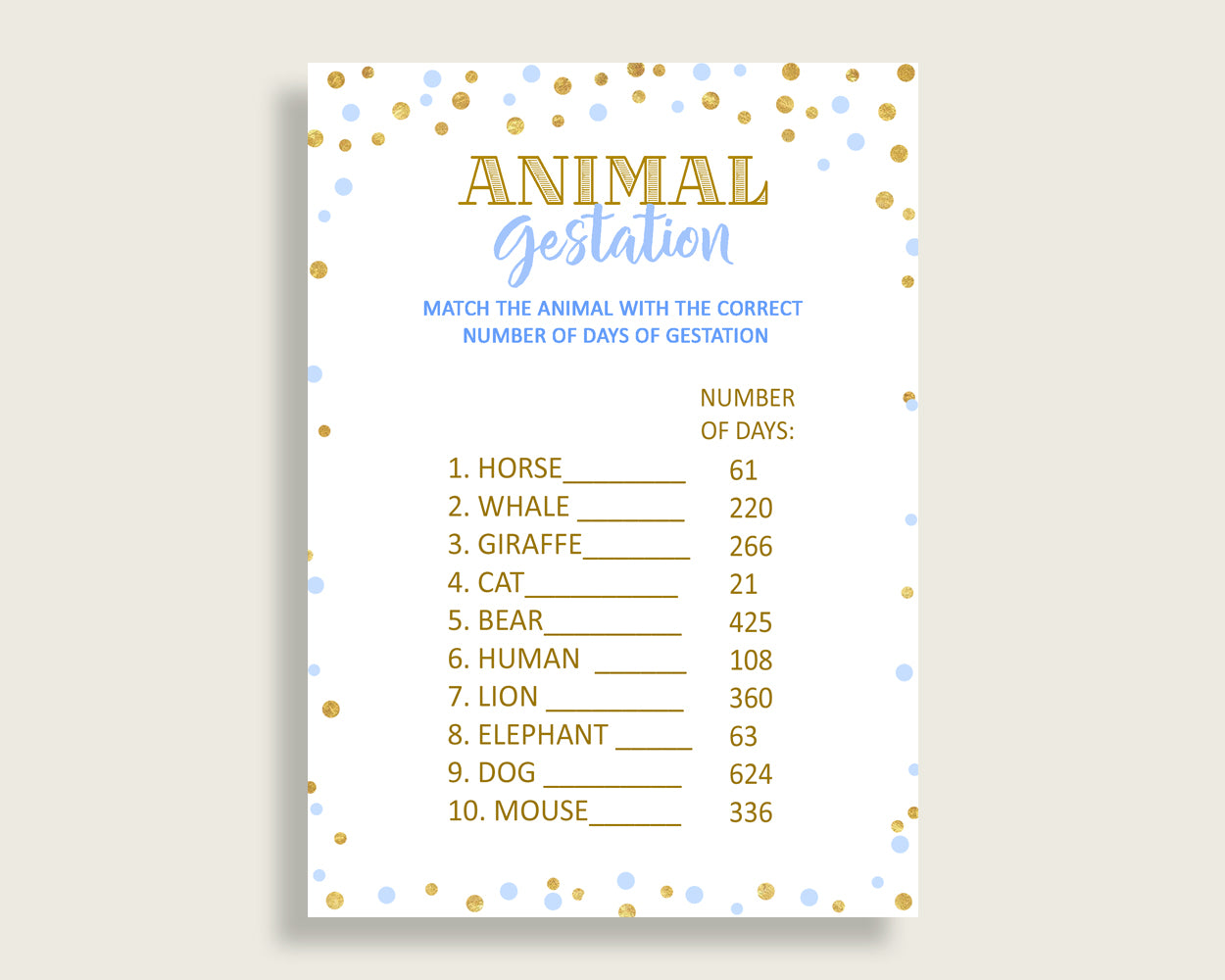 Animal Gestation Baby Shower Animal Gestation Confetti Baby Shower Animal Gestation Blue Gold Baby Shower Confetti Animal Gestation cb001