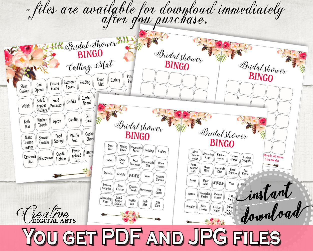 Pink And Red Bohemian Flowers Bridal Shower Theme: Bingo 60 Cards - bingo sheets, feathers theme, party organizing, party plan - 06D7T - Digital Product