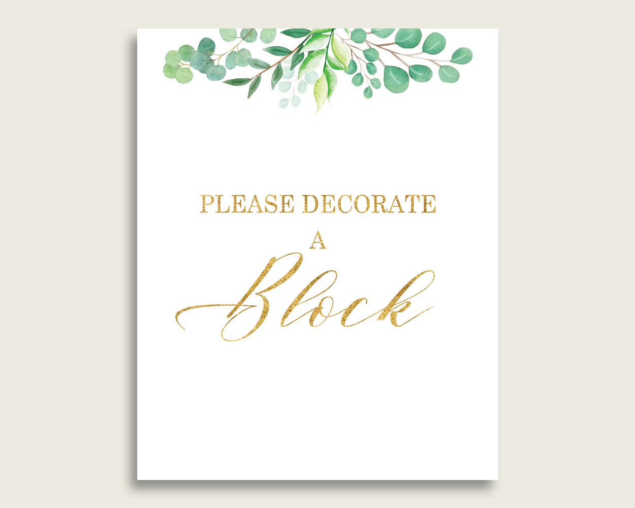 Green Gold Please Sign A Block Sign and Decoarate A Block Sign Printables, Greenery Gender Neutral Baby Shower Decor, Instant Y8X33