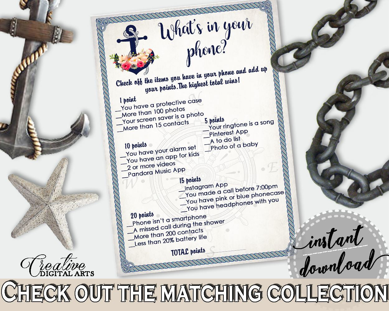 Nautical Anchor Flowers Bridal Shower What's In Your Phone Game in Navy Blue, whats in your phone, dark blue shower, pdf jpg, prints - 87BSZ - Digital Product