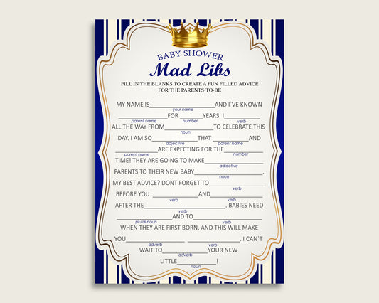 Blue Gold Mad Libs Baby Shower Boy Game Printable, Royal Prince Mad Libs Fun Activity, DIY digital file, Prince Theme Navy Royal Blue rp001