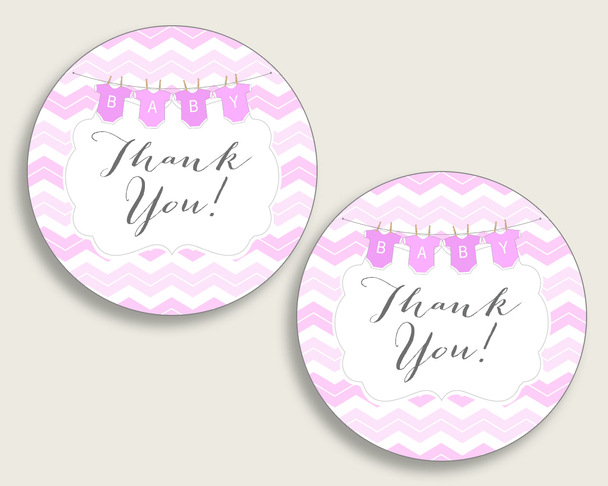 Chevron Baby Shower Round Thank You Tags 2 inch Printable, Pink White Favor Gift Tags, Girl Shower Hang Tags Labels, Digital File cp001