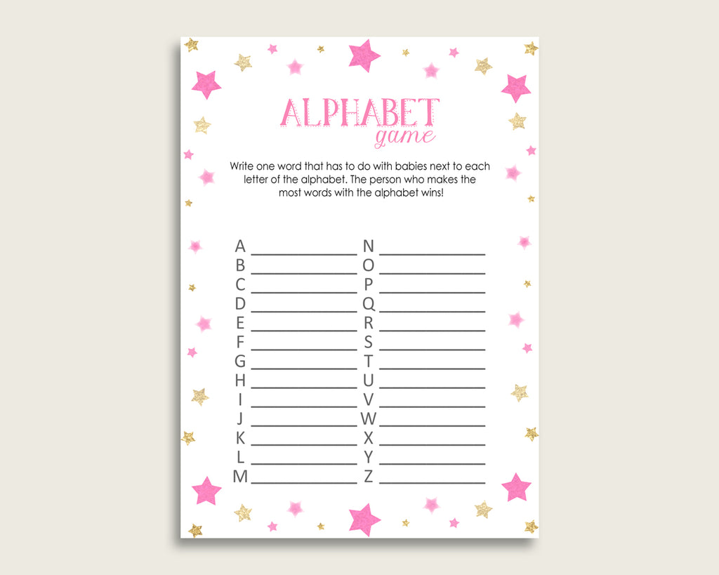 Pink Gold Alphabet Baby Shower Girl Game, Twinkle Star A-Z Guessing Baby Game Printable, ABC's Baby Item Name Game, Instant Download, bsg01