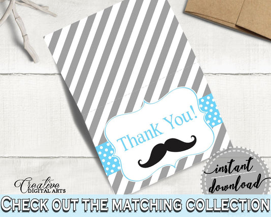 Blue Gray Thank You Card, Baby Shower Thank You Card, Mustache Baby Shower Thank You Card, Baby Shower Mustache Thank You Card party 9P2QW - Digital Product