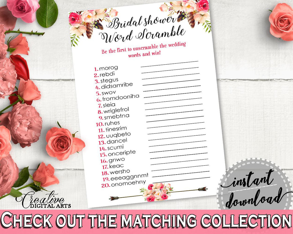 Pink And Red Bohemian Flowers Bridal Shower Theme: Word Scramble - bridal trivia, feathers theme, party organizing, party plan - 06D7T - Digital Product