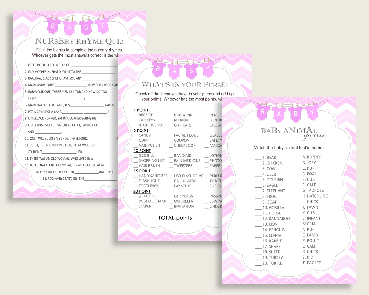 Chevron Baby Shower Games Printable Pack, Pink White Baby Shower Games Package Girl, Chevron Games Bundle Set, Instant Download, cp001