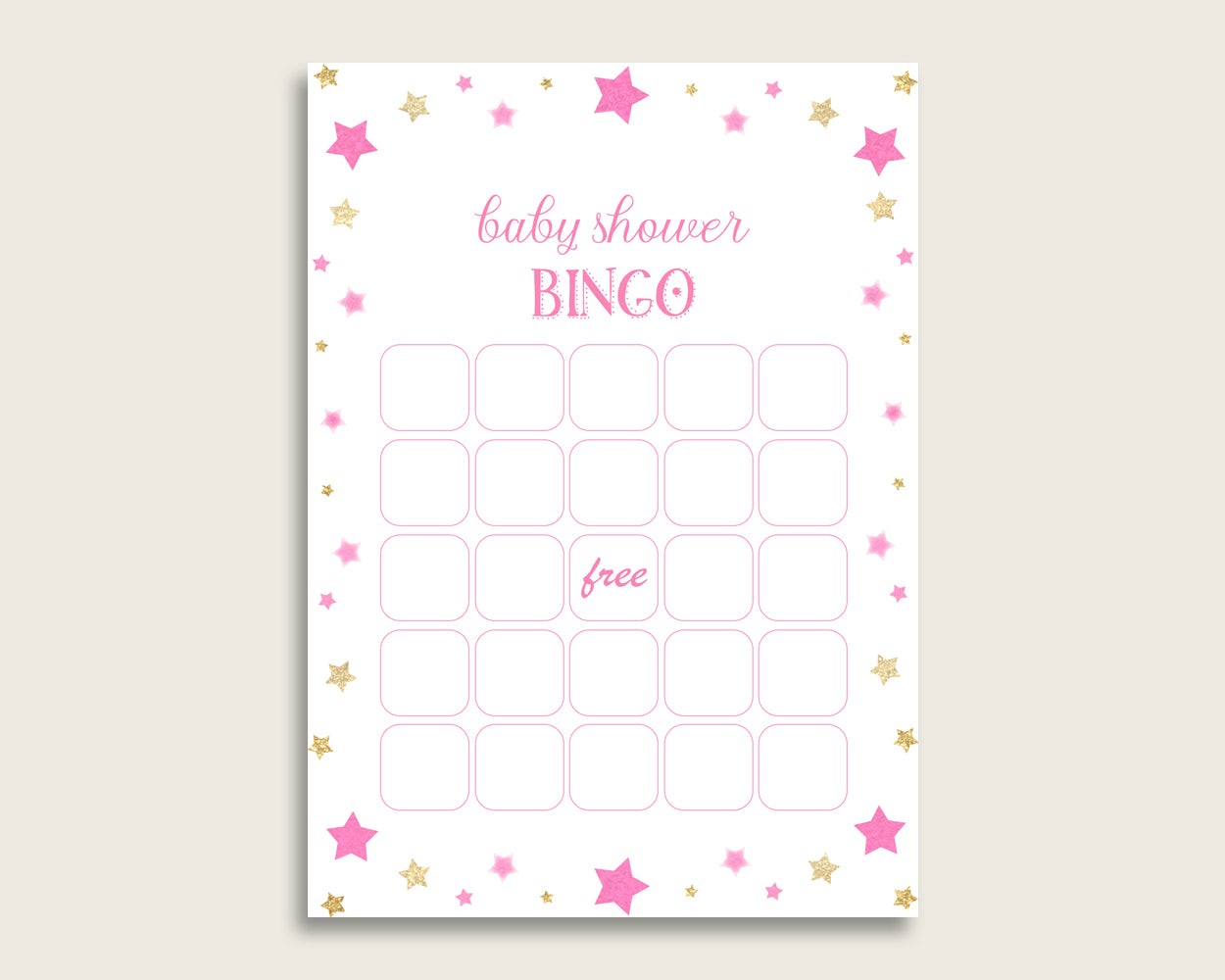 Pink Gold Baby Shower Bingo Blank Game Printable, Twinkle Star Baby Shower Girl Bingo Blank Cards, Bingo Gift Opening Game, Cute Stars bsg01