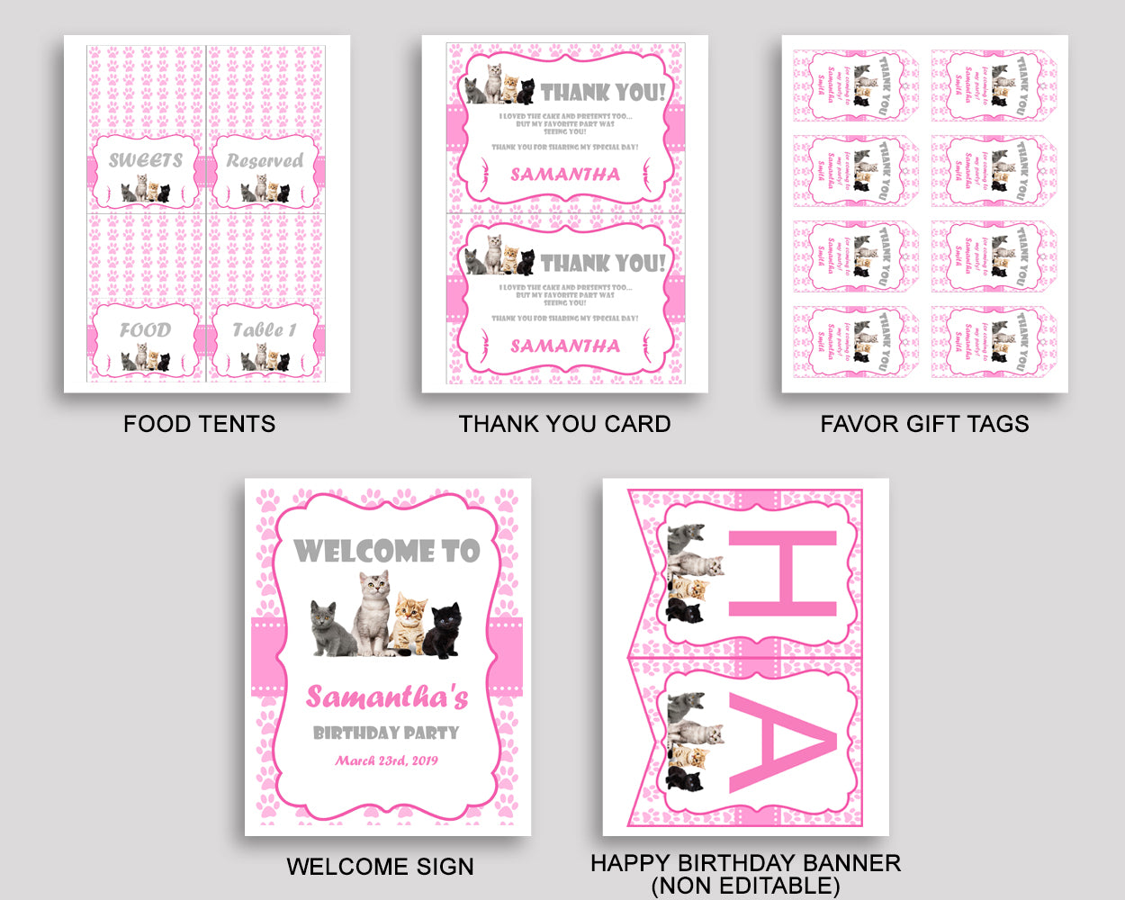 Cat Birthday Party Package, Cat Decorations Editable Set Pink White, Party Package Printable Girl INHA8