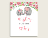 Pink Grey Wishes For Baby Cards & Sign, Pink Elephant Baby Shower Girl Well Wishes Game Printable, Instant Download, Botanical Garden ep001
