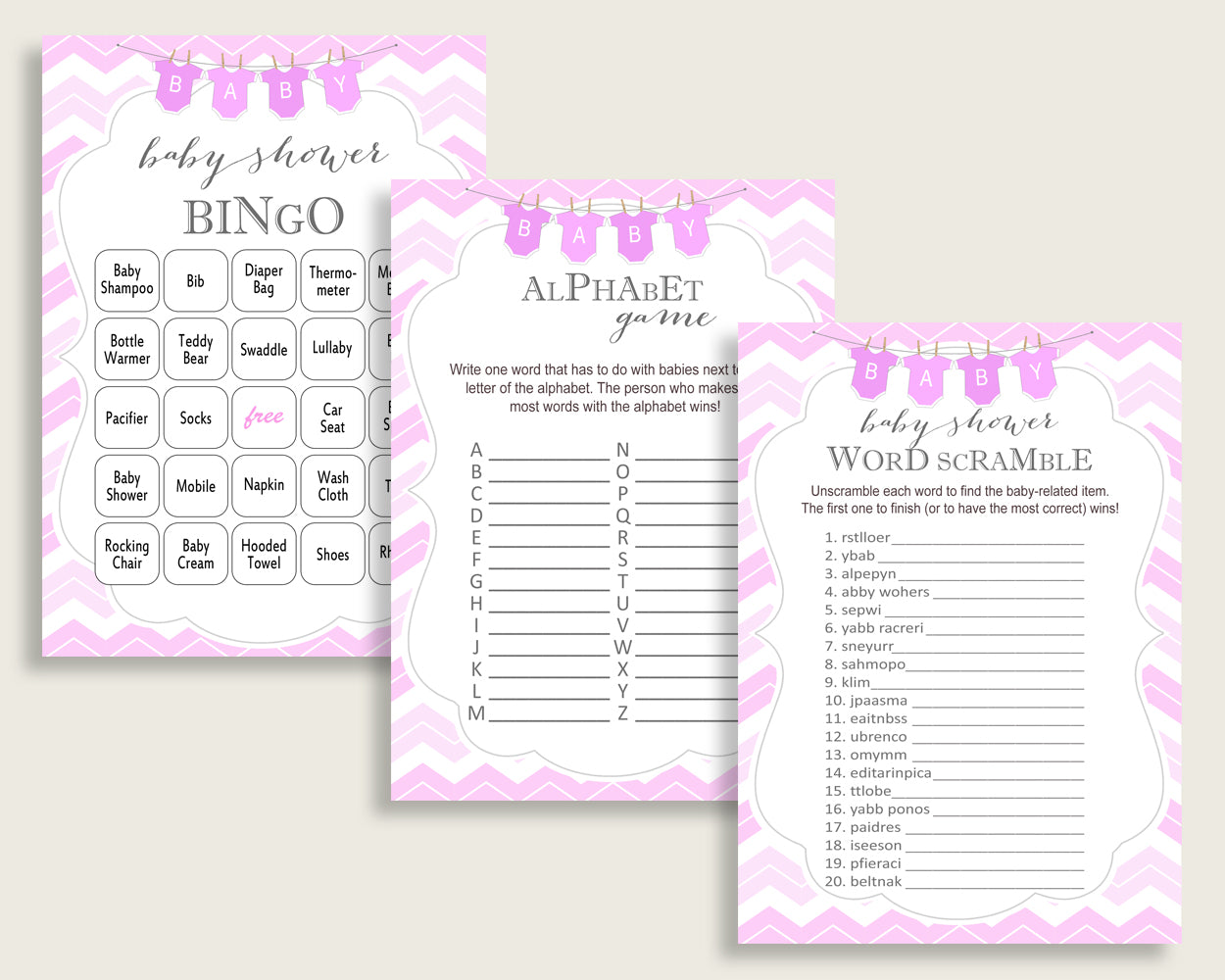 Chevron Baby Shower Games Printable Pack, Pink White Baby Shower Games Package Girl, Chevron Games Bundle Set, Instant Download, cp001