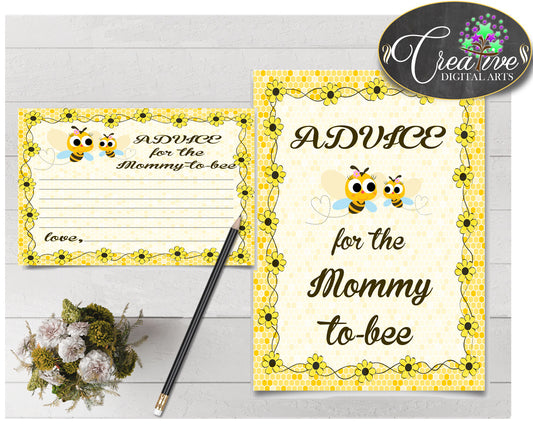 Advice For The Mommy To Be and Advice For The New Parents baby shower activities with yellow bee theme, instant download - bee01