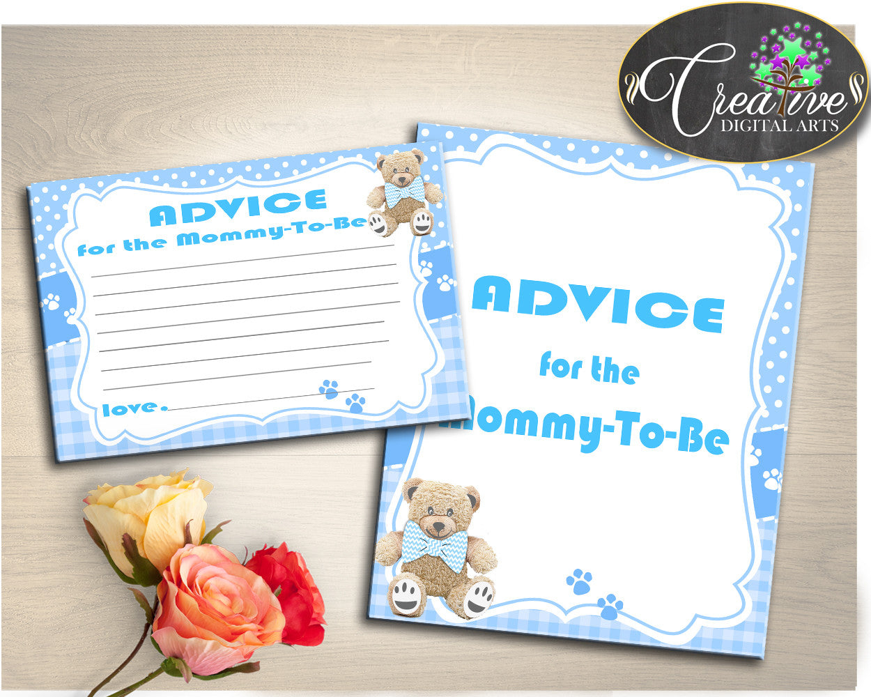 Teddy Bear Advice For Mommy To Be and Advice For The New Parents blue baby boy shower activities, digital pdf jpg, instant download - tb001