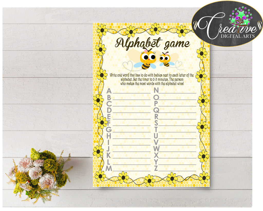Baby Shower ABC's game with yellow bee theme, digital file, instant download - bee01