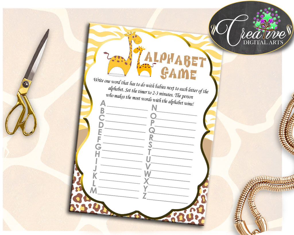 Giraffe Baby Shower Boy or Girl ALPHABET game in yellow brown theme printable, digital file, diy, jpg and pdf, instant download - sa001