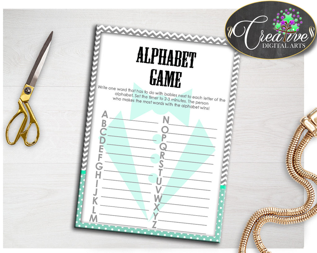 Baby Shower Little Man Gentleman ALPHABET game with mint green and gray theme printable, digital file jpg and pdf, instant download - lm001