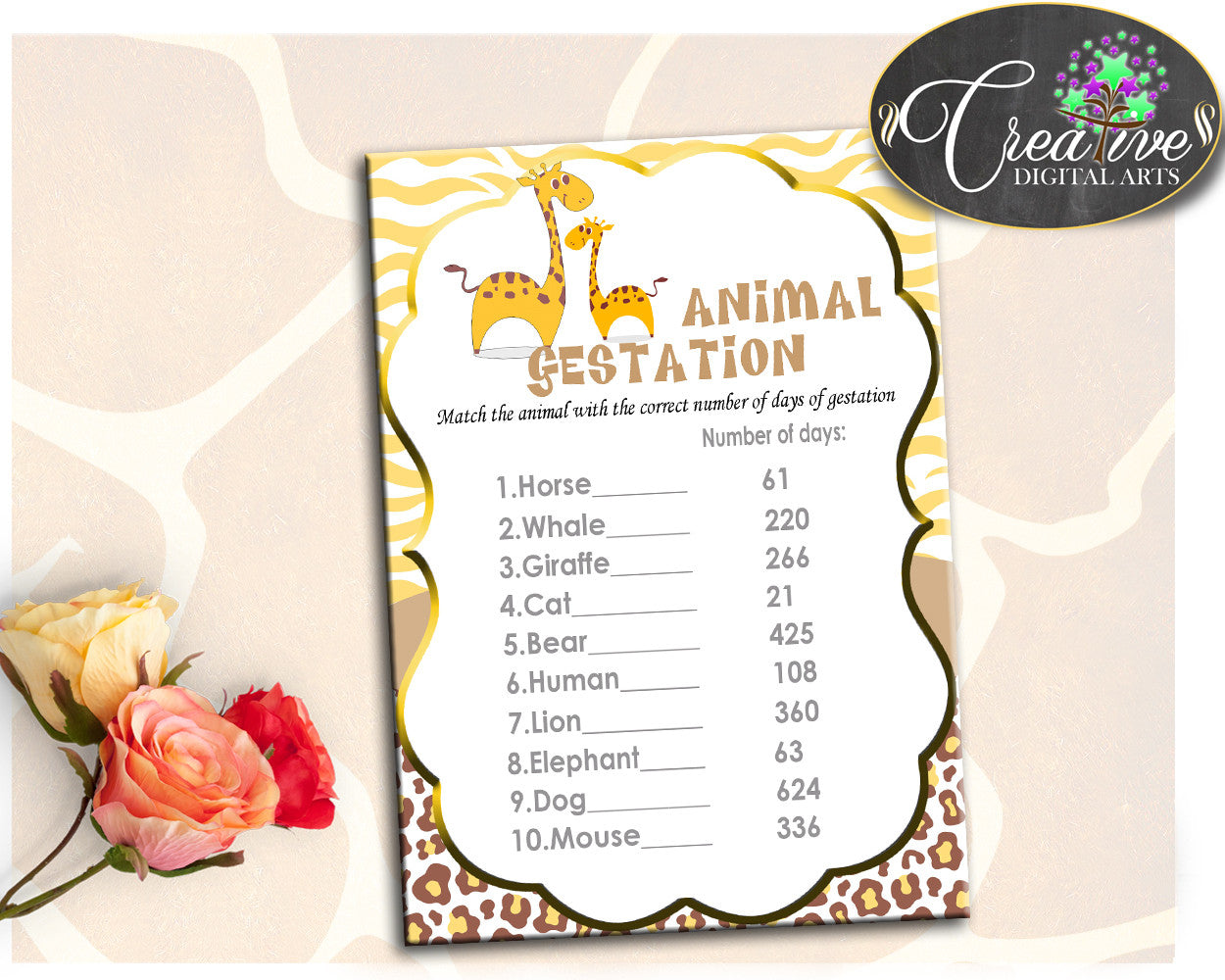 Giraffe Baby Shower Boy or Girl ANIMAL GESTATION game with brown yellow theme, digital files pdf jpg, instant download - sa001