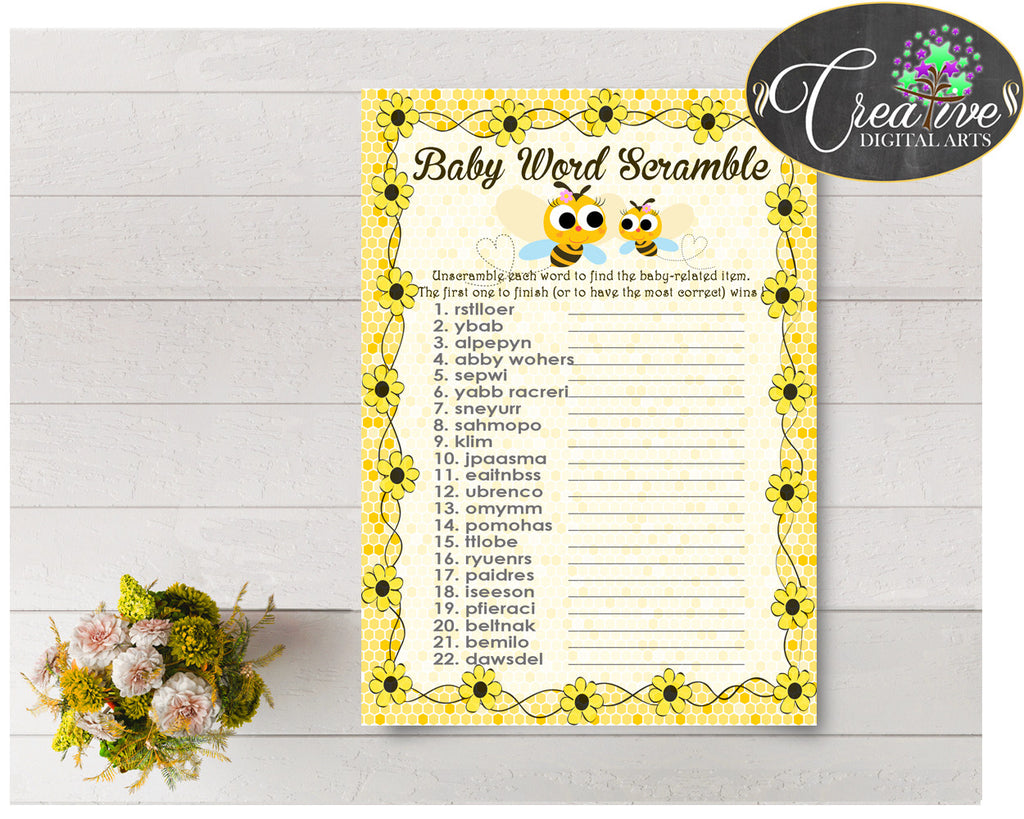 WORD SCRAMBLE baby shower game printable with yellow bee bumble, digital files jpg and pdf, instant download - bee01