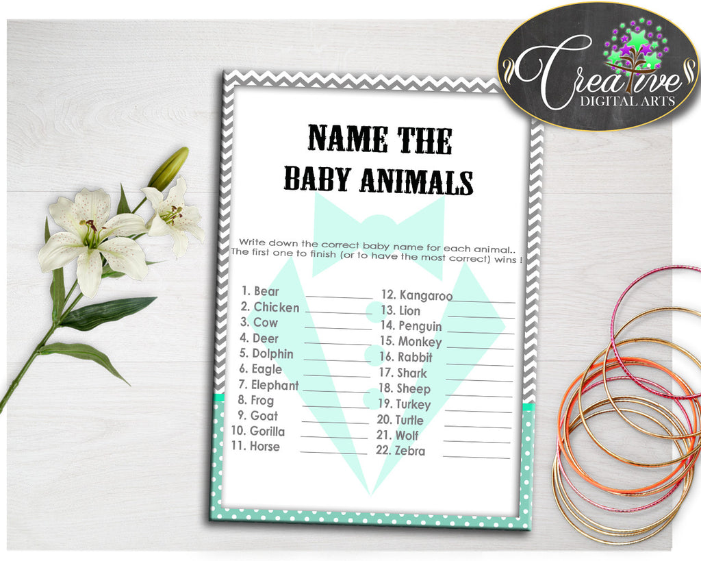 Baby Gentleman NAME The BABY ANIMALS little man baby boy shower game with mint green and gray printable, Jpg Pdf, instant download - lm001