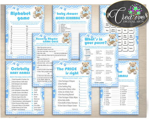 Teddy Bear Baby Shower Games Package, 8 Printable Blue Games, Baby Shower Games Printable, Baby Shower Boy - Instant Download - tb001