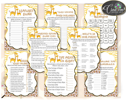 Giraffe Baby Shower Games Boy or Girl package bundle set printable brown yellow theme, 8 games set, digital files - Instant Download - sa001