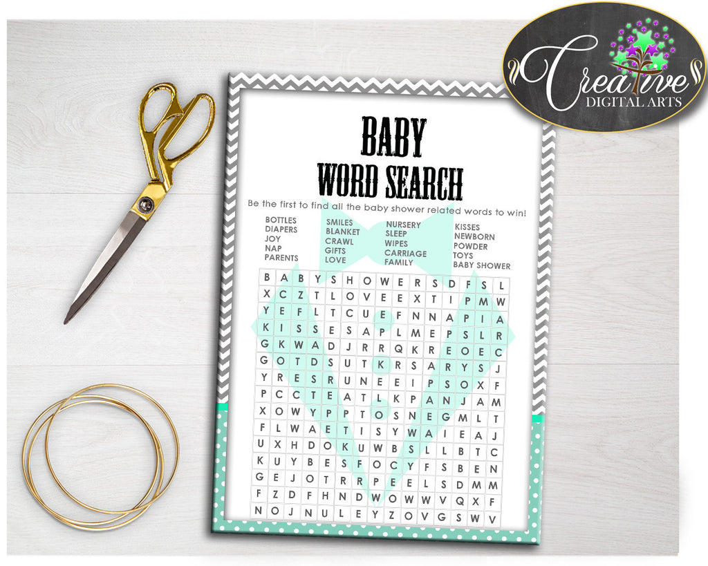 Mint Green and Gray Little Man WORD SEARCH boy shower gentleman game printable, digital files, Jpg and Pdf, instant download - lm001