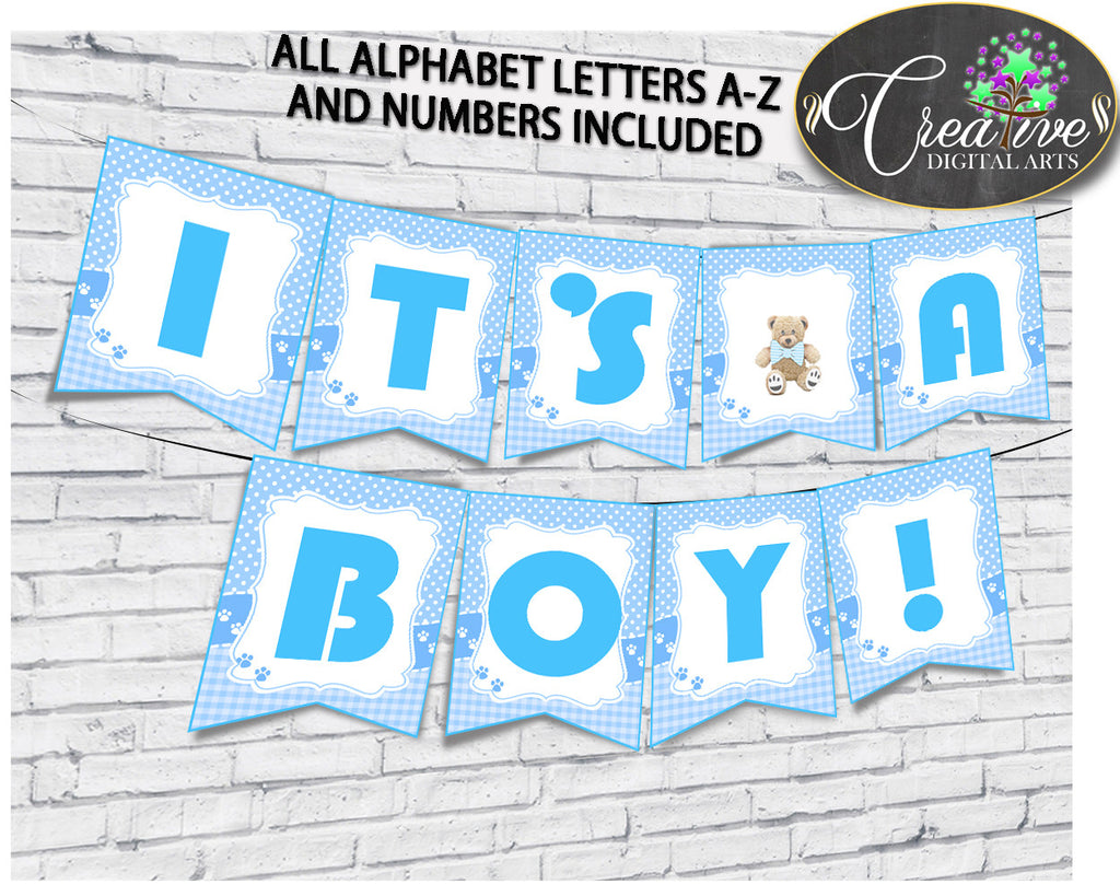 Boy Baby Shower BANNER Teddy Bear, all letters banner printable, blue baby shower teddy bear banner, digital file, instant download - tb001