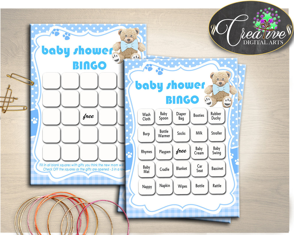Baby Shower Teddy Bear 60 BINGO cards game and empty gift BINGO blue printable, baby shower boy bingo , pdf, jpg, instant download - tb001