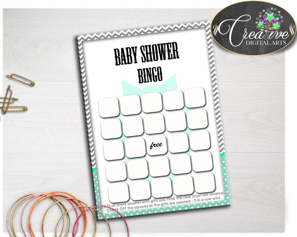 Baby Shower little man suit BINGO GIFT blank game printable mint green and chevron gray, digital files Jpg Pdf, instant download - lm001