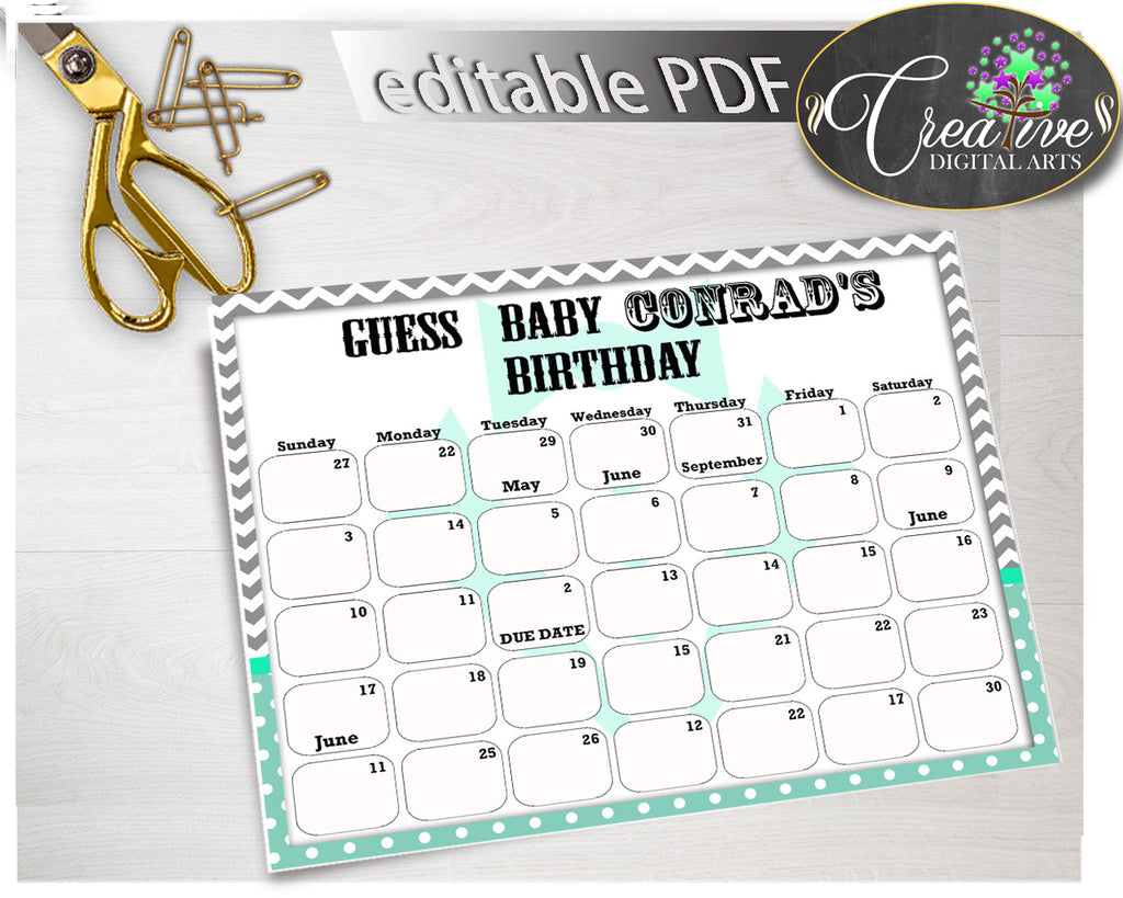 Baby Shower Little Man GUESS BABY BIRTHDAY due date calendar editable with gentleman suit mint theme printable, instant download - lm001