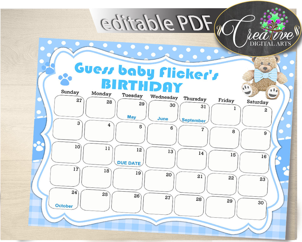 Baby Shower Calendar, Baby Predictions, Due date calendar, birthday prediction, guess baby birthday, guess the due date, boy shower - tb001