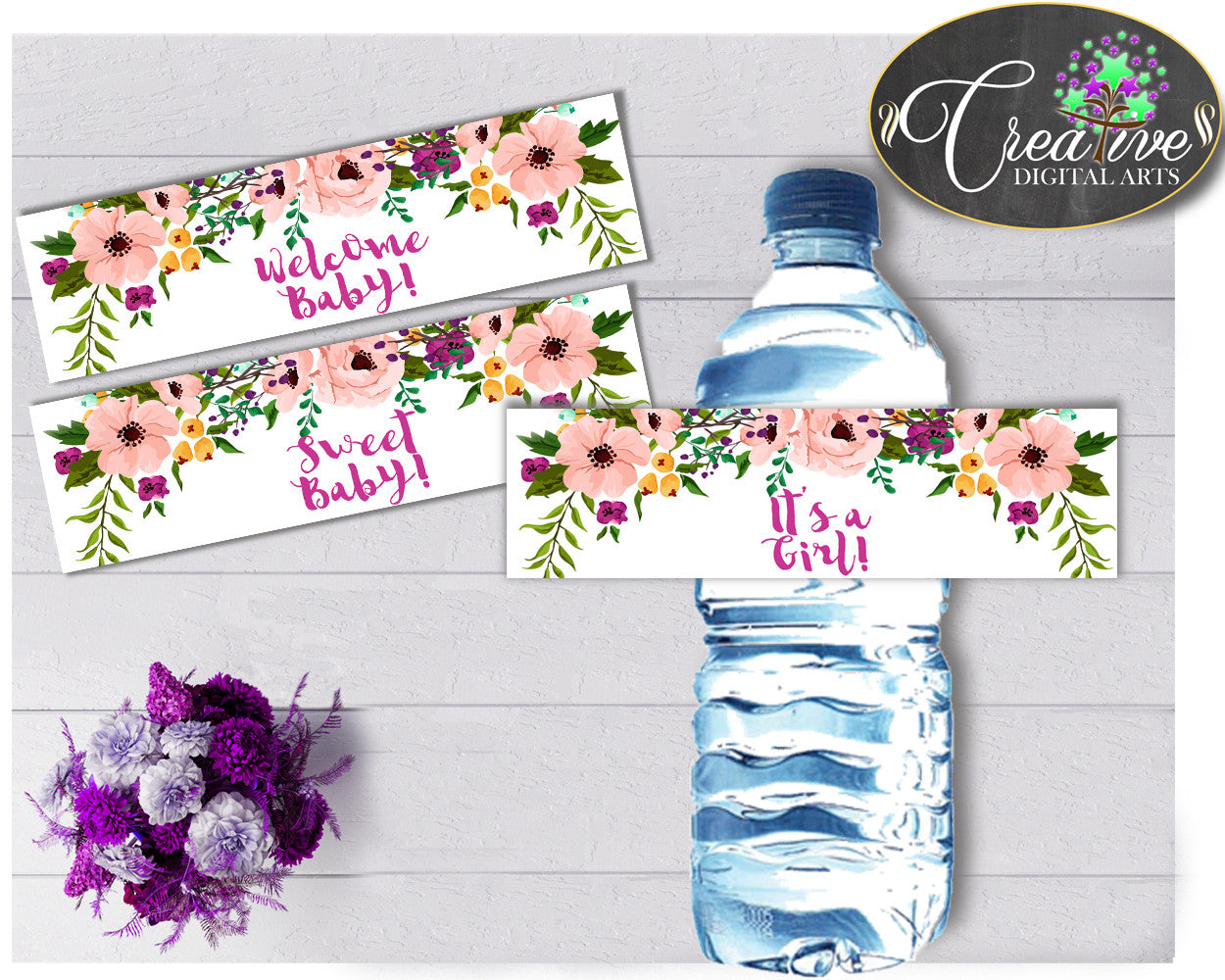 Floral Baby shower girl WATER BOTTLE LABELS printable watercolor flowers pink green theme, digital files Pdf Jpg, instant download - flp01