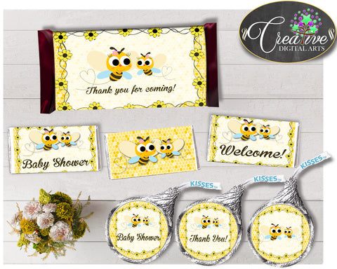 Baby shower CANDY BAR decoration wrappers and labels printable with yellow bee for boys and girls, instant download - bee01