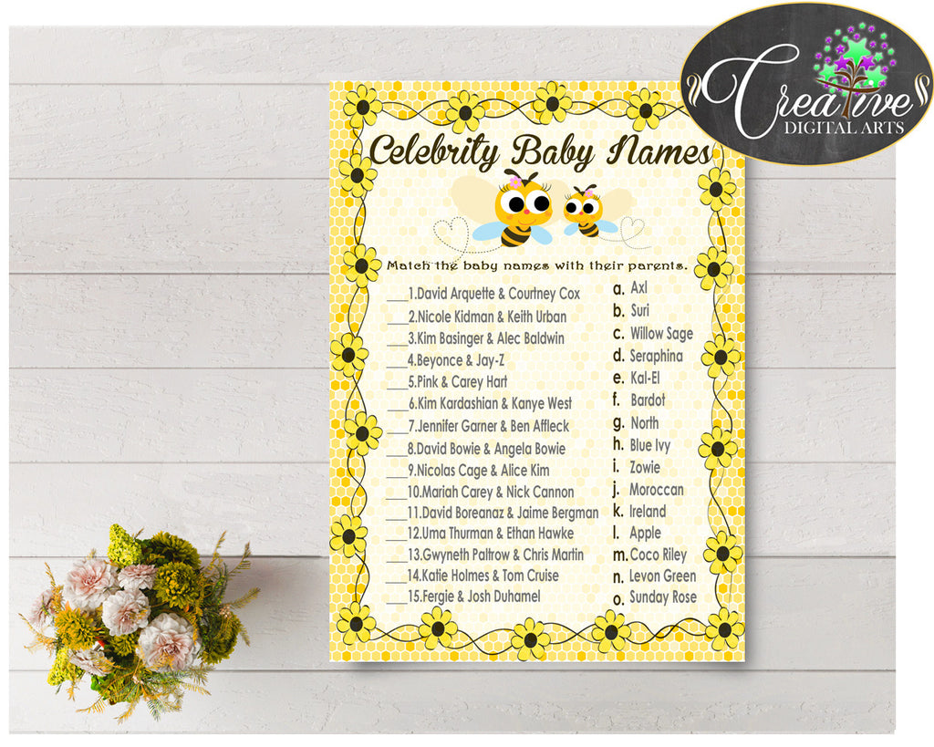 CELEBRITY BABY NAMES baby shower game with yellow bee, instant download - bee01