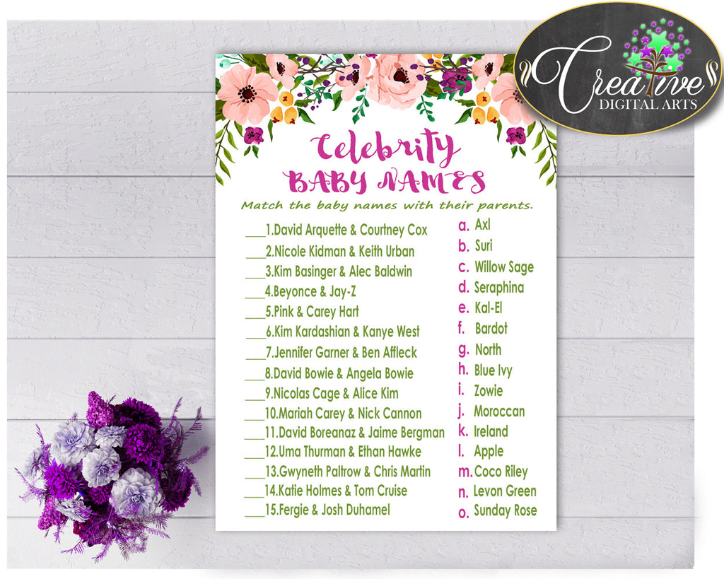 CELEBRITY BABY NAMES baby shower girl watercolor flowers game in floral pink green theme , digital files, Jpg Pdf, instant download - flp01