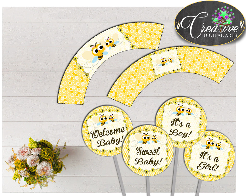 Baby shower CUPCAKE TOPPERS and cupcake WRAPPERS printable with yellow bee for boys and girls, instant download - bee01