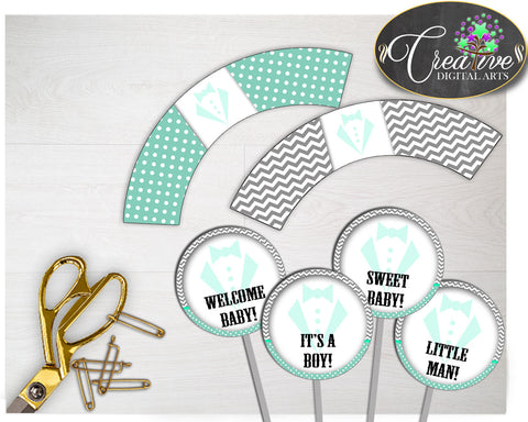 Baby shower boy little man CUPCAKE TOPPERS and cupcake WRAPPERS printable in mint green theme, digital Jpg and Pdf, instant download - lm001