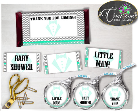 Baby shower Little Man Gentleman CANDY BAR wrappers and labels printable in mint green gray color, digital files, instant download - lm001