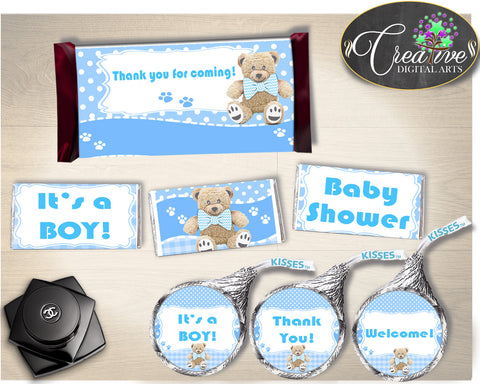 Baby shower decorations HERSHEY wrappers and labels printable with teddy bear blue boy shower theme, digital files, instant download - tb001