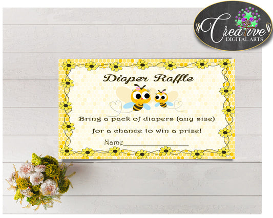 Baby shower DIAPER RAFFLE insert card printable for baby shower with yellow bees, Jpg Pdf, instant download - bee01