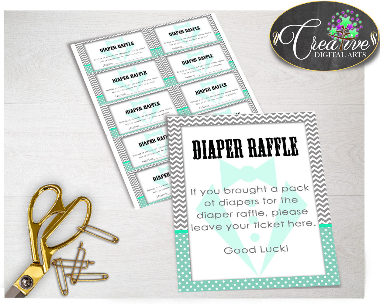 Baby boy shower little man DIAPER RAFFLE insert ticket printable mint green gray theme, Digital Files Jpg Pdf, instant download - lm001