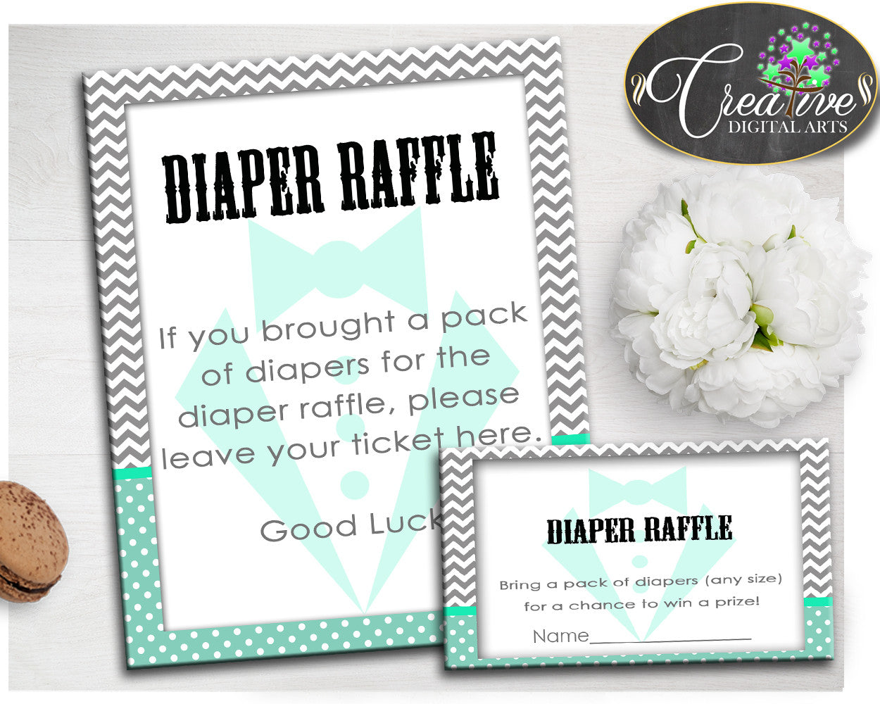 Baby boy shower little man DIAPER RAFFLE insert ticket printable mint green gray theme, Digital Files Jpg Pdf, instant download - lm001