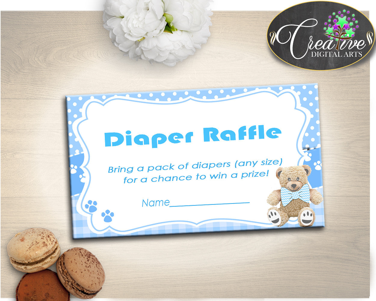 Teddy Bear DIAPER RAFFLE inserts ticket printable, baby shower diaper raffle, boy baby shower, Digital, Jpg Pdf, instant download - tb001