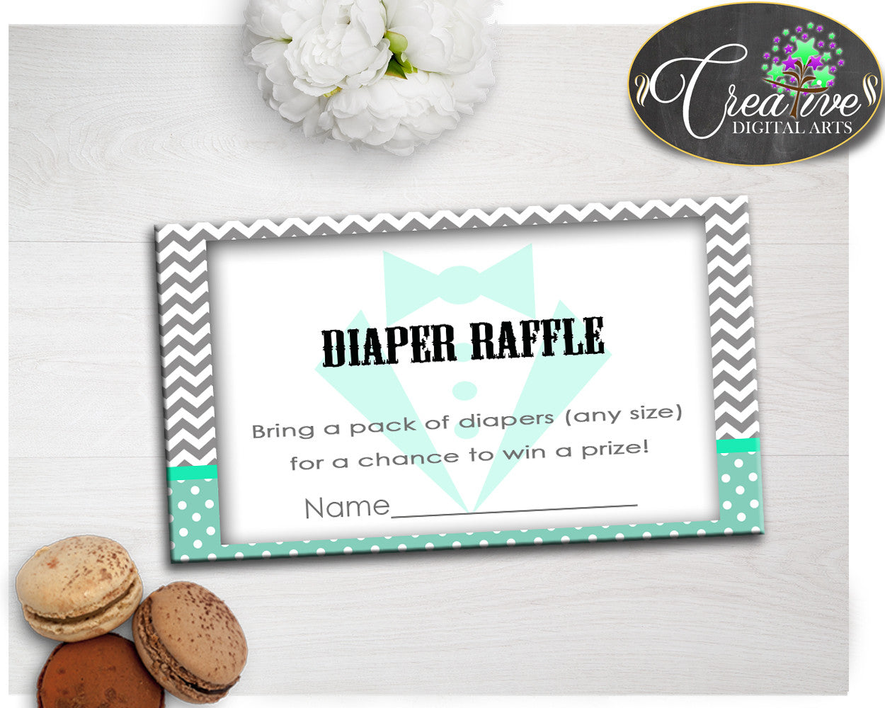 Baby boy shower little man DIAPER RAFFLE insert ticket printable mint green gray theme, Digital Files Jpg Pdf, instant download - lm001